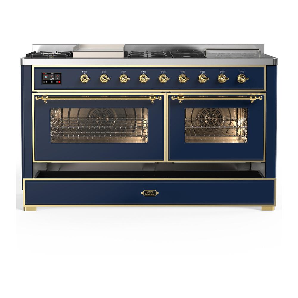 Ilve UM60FSNR3MBGLP Ilve Um60Fsnr3Mbglp Majestic Iii 60 Inch Dual Fuel Range With 7 Burners, Griddle And French Top, Dual Function Burner With Up To 25,000 Btu (Liquid Propane, Triple Glass Door, Midnight Blue, Brass)