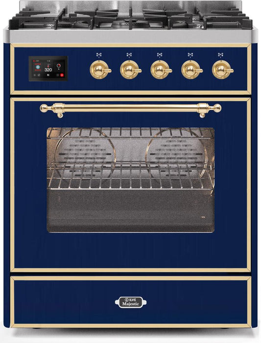 Ilve UM30DNE3MBGLP Majestic Ii 30 Inch Dual Fuel Liquid Propane Freestanding Range In Blue With Brass Trim