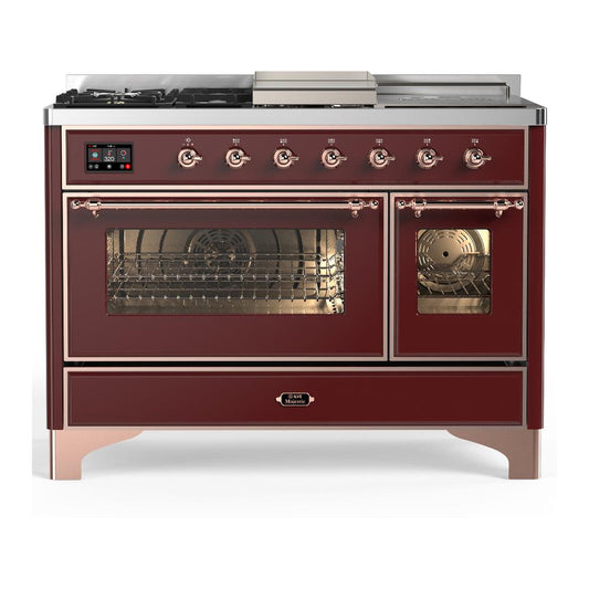 Ilve UM48FSNR3BUPLP Ilve Um48Fsnr3Buplp Majestic Iii 48 Inch Dual Fuel Range With 5 Black Brass Burners, Griddle And French Top, Dual Function Burner Up To 25,000 Btu (Liquid Propane, Triple Glass Door, Burgundy, Copper)