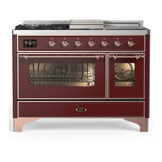 Ilve UM48FSNR3BUPLP Ilve Um48Fsnr3Buplp Majestic Iii 48 Inch Dual Fuel Range With 5 Black Brass Burners, Griddle And French Top, Dual Function Burner Up To 25,000 Btu (Liquid Propane, Triple Glass Door, Burgundy, Copper)