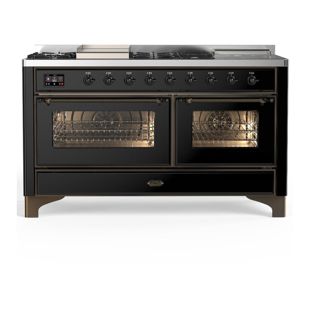 Ilve UM60FSNR3BKB Ilve Um60Fsnr3Bkb Majestic Iii 60 Inch Dual Fuel Range With 7 Burners, Griddle And French Top, Dual Function Burner With Up To 25,000 Btu (Natural Gas, Triple Glass Door, Glossy Black, Burnished)
