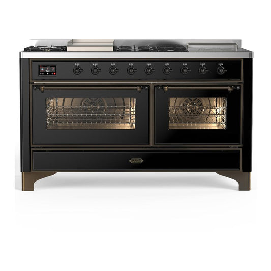 Ilve UM60FSNR3BKB Ilve Um60Fsnr3Bkb Majestic Iii 60 Inch Dual Fuel Range With 7 Burners, Griddle And French Top, Dual Function Burner With Up To 25,000 Btu (Natural Gas, Triple Glass Door, Glossy Black, Burnished)
