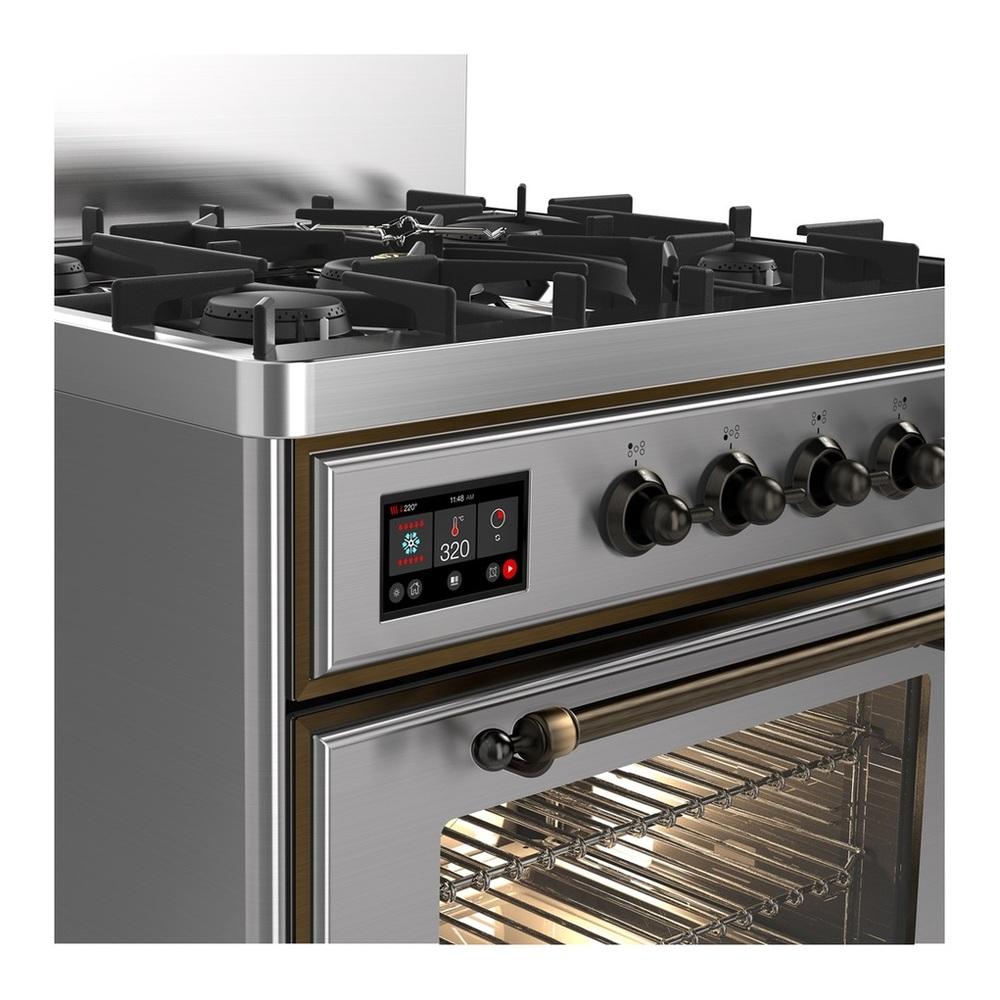 Ilve UM30NR3SSB Ilve Um30Nr3Ssb Majestic Iii 30 Inch Dual Fuel Range With 5 Black Brass Burners, Dual Function Burner Up To 25,000 Btu (Natural Gas, Triple Glass Door, Stainless Steel, Burnished)
