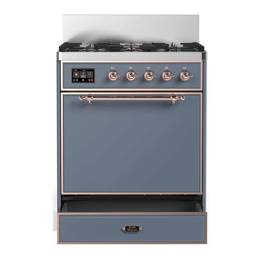Ilve UM30QNR3BGPLP Ilve Um30Qnr3Bgplp Majestic Iii 30 Inch Dual Fuel Range With 5 Black Brass Burners, Dual Function Burner Up To 25,000 Btu (Liquid Propane, Solid Door, Blue Grey, Copper)