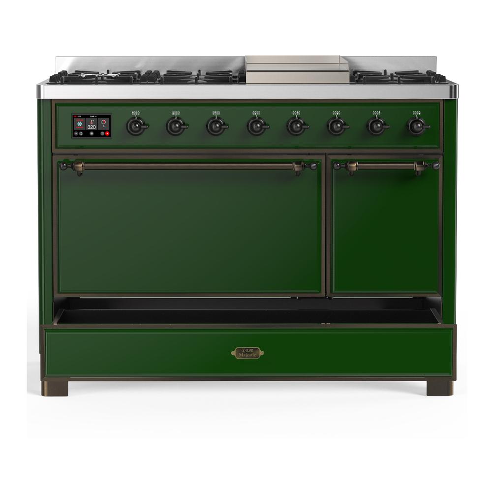 Ilve UM48FQNR3EGB Ilve Um48Fqnr3Egb Majestic Iii 48 Inch Dual Fuel Range With 8 Burners And Griddle, Dual Function Burner Up To 25,000 Btu (Natural Gas, Solid Door, Emerald Green, Burnished)