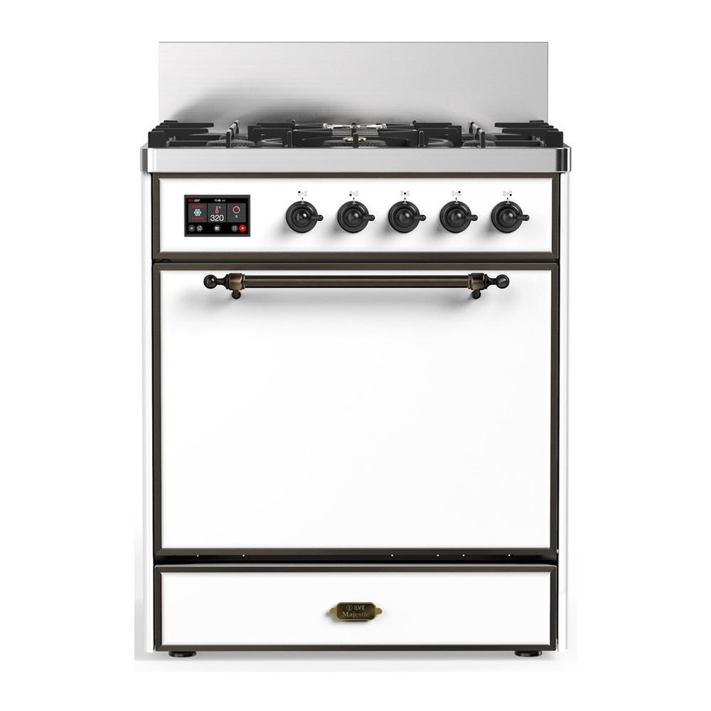 Ilve UM30QNR3WHB Ilve Um30Qnr3Whb Majestic Iii 30 Inch Dual Fuel Range With 5 Black Brass Burners, Dual Function Burner Up To 25,000 Btu (Natural Gas, Solid Door, White, Burnished)