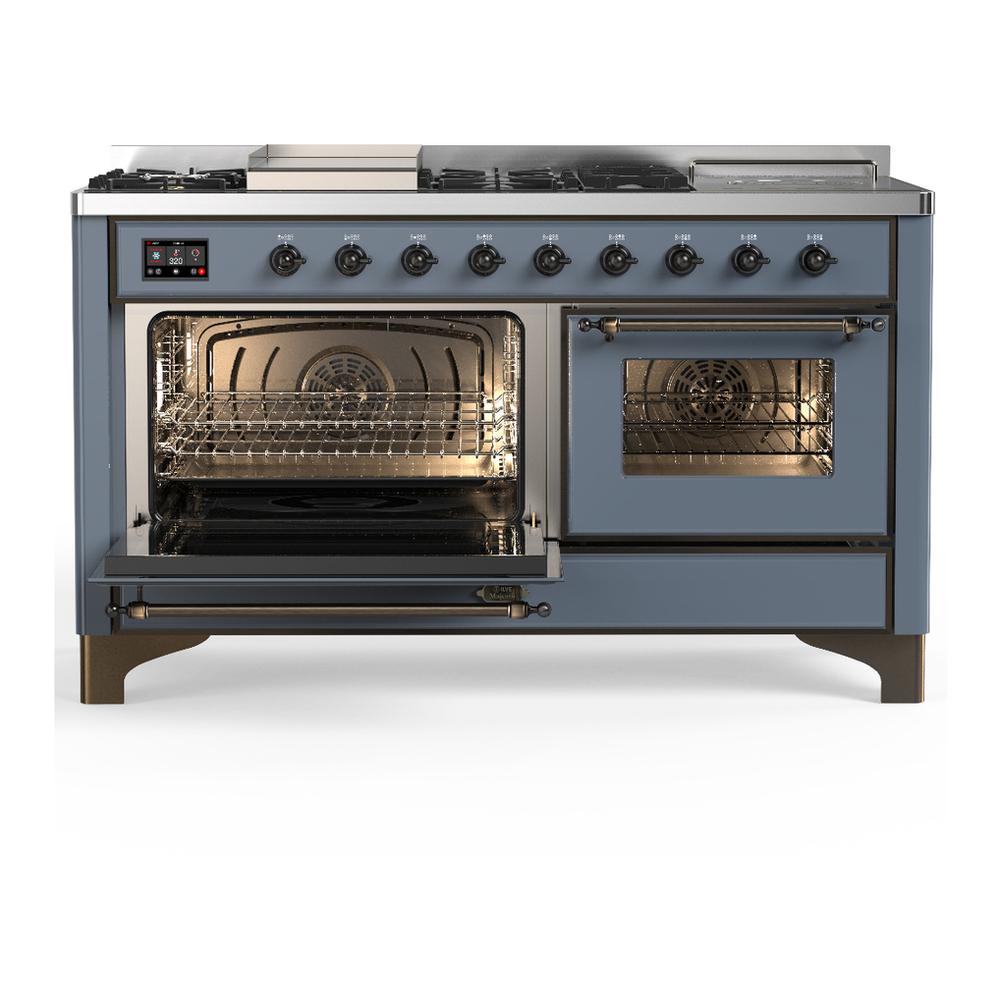 Ilve UM60FSNR3BGBLP Ilve Um60Fsnr3Bgblp Majestic Iii 60 Inch Dual Fuel Range With 7 Burners, Griddle And French Top, Dual Function Burner With Up To 25,000 Btu (Liquid Propane, Triple Glass Door, Blue Grey, Burnished)