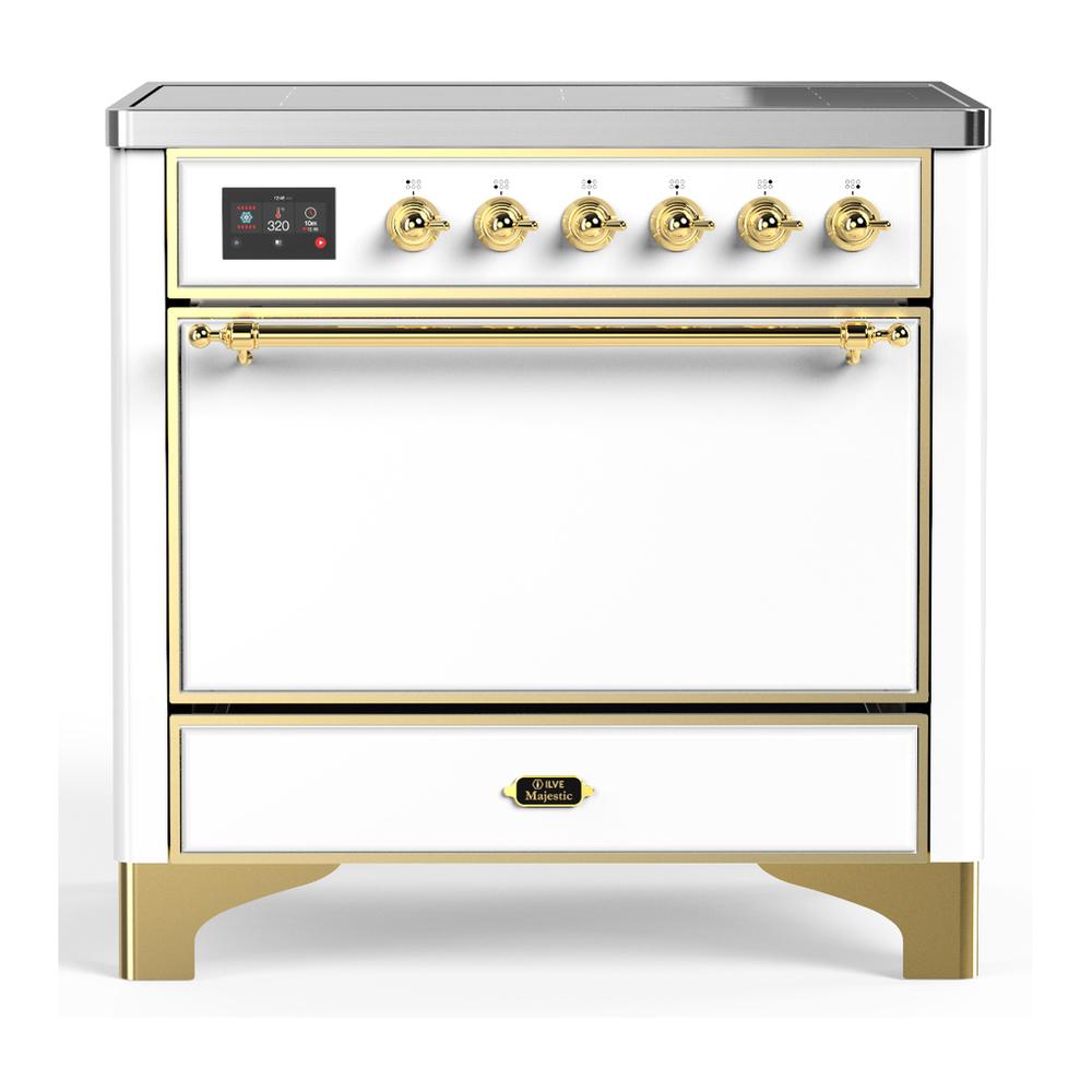 Ilve UMIB36QNR3WHG Ilve Umib36Qnr3Whg Majestic Iii 36 Inch Induction Range With 6 Elements, 3.5 Cu. Ft. Total Oven Capacity (Solid Door, White, Brass)