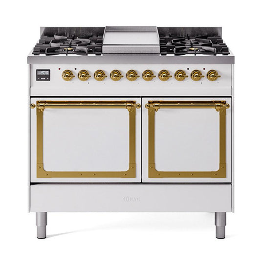 Ilve UND40FQNMPWHG Ilve Und40Fqnmpwhg Nostalgie Ii Noblesse 40" Dual Fuel Range (Natural Gas, Solid Door, White, Brass)