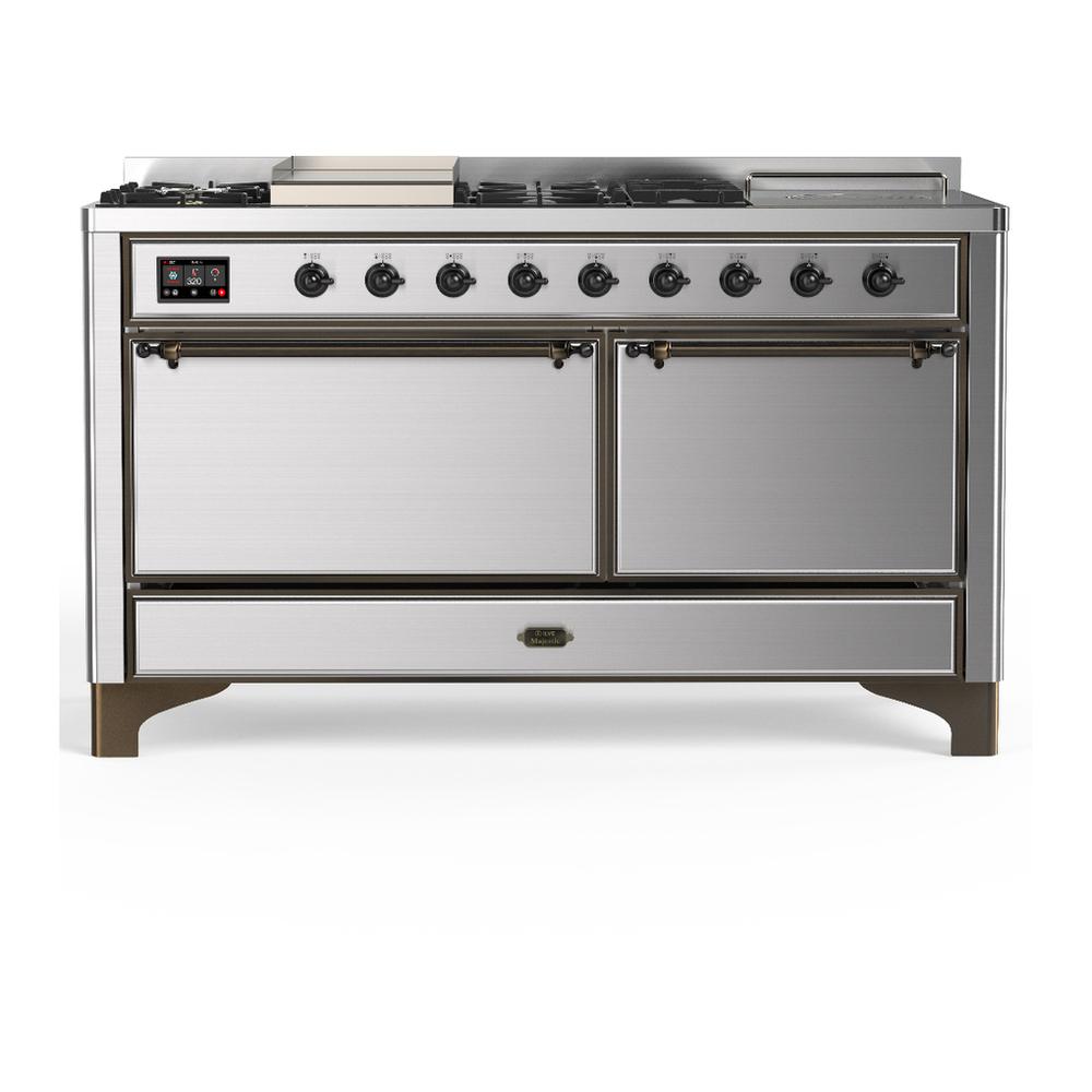 Ilve UM60FSQNR3SSBLP Ilve Um60Fsqnr3Ssblp Majestic Iii 60 Inch Dual Fuel Range With 7 Burners, Griddle And French Top, Dual Function Burner With Up To 25,000 Btu (Liquid Propane, Solid Door, Stainless Steel, Burnished)