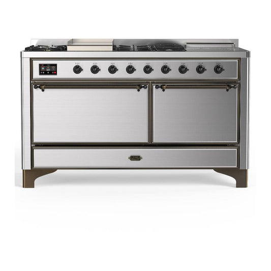 Ilve UM60FSQNR3SSBLP Ilve Um60Fsqnr3Ssblp Majestic Iii 60 Inch Dual Fuel Range With 7 Burners, Griddle And French Top, Dual Function Burner With Up To 25,000 Btu (Liquid Propane, Solid Door, Stainless Steel, Burnished)