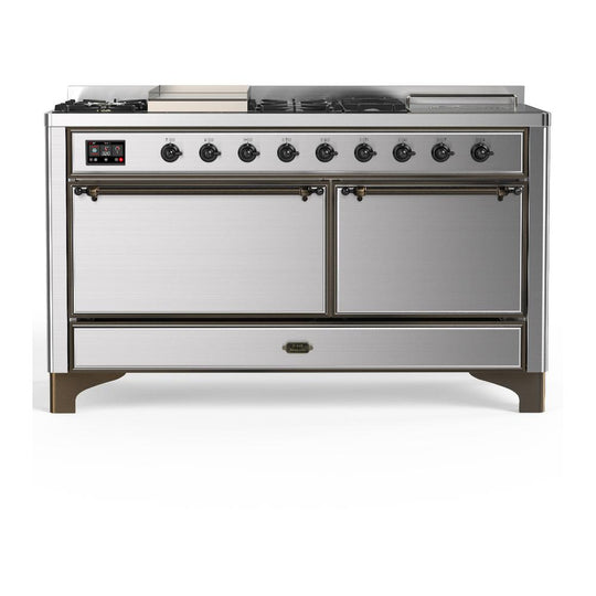Ilve UM60FSQNR3SSBLP Ilve Um60Fsqnr3Ssblp Majestic Iii 60 Inch Dual Fuel Range With 7 Burners, Griddle And French Top, Dual Function Burner With Up To 25,000 Btu (Liquid Propane, Solid Door, Stainless Steel, Burnished)