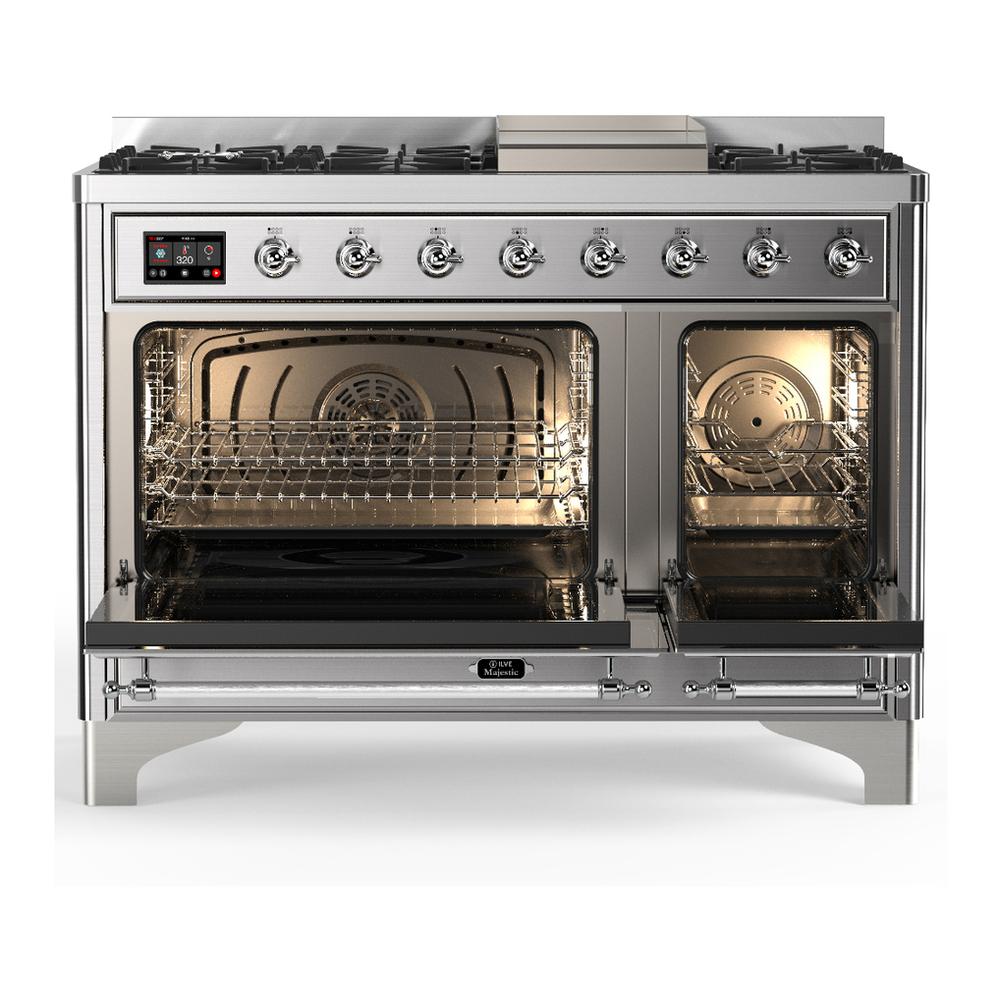 Ilve UM48FQNR3SSCLP Ilve Um48Fqnr3Ssclp Majestic Iii 48 Inch Dual Fuel Range With 8 Burners And Griddle, Dual Function Burner Up To 25,000 Btu (Liquid Propane, Solid Door, Stainless Steel, Chrome)