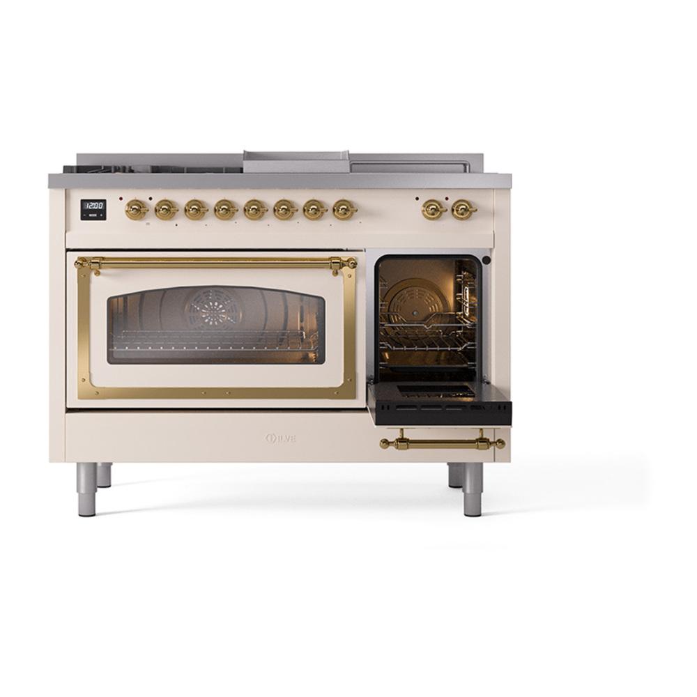 Ilve UN48FSNMPAWG Ilve Un48Fsnmpawg Nostalgie Ii Noblesse 48" Dual Fuel Range (5 Sealed Burners + Griddle + French Top, Natural Gas, Triple Glass Door, Antique White, Brass)