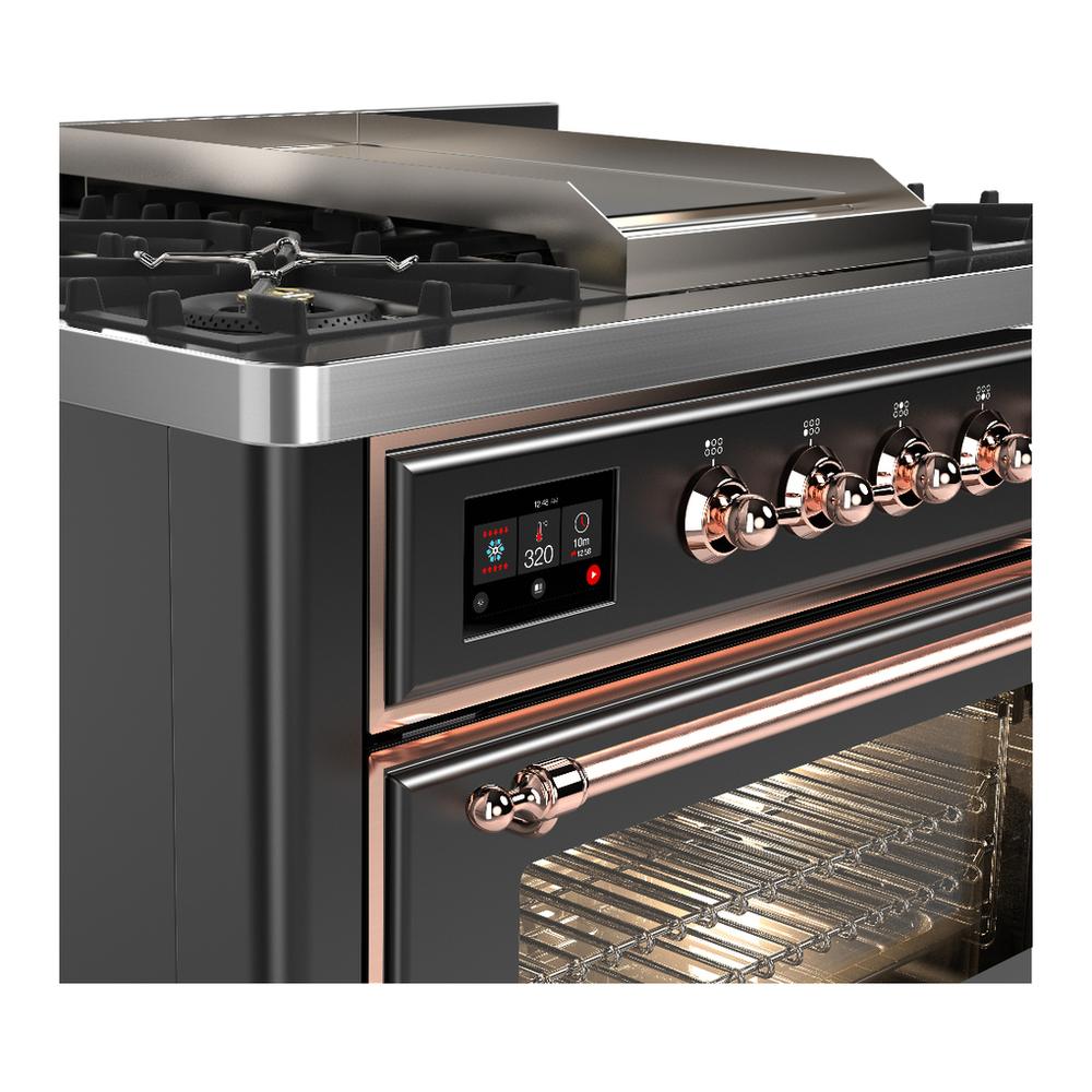 Ilve UM36FNR3MGPLP Ilve Um36Fnr3Mgplp Majestic Iii 36 Inch Dual Fuel Range With 6 Black Brass Burners And Griddle, Dual Function Burner Up To 25,000 Btu (Triple Glass Door, Graphite Matte, Copper, Liquid Propane)