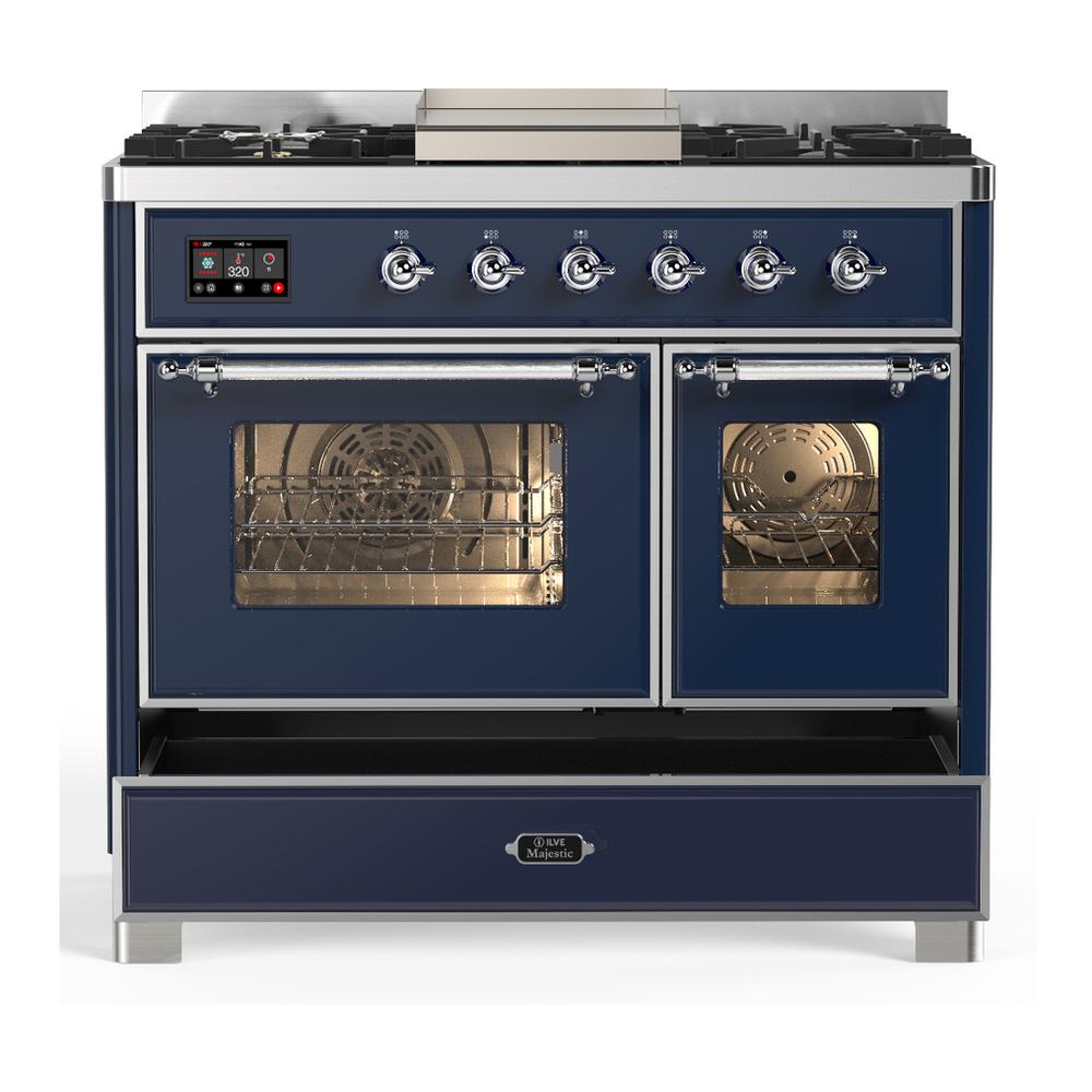 Ilve UMD40FNR3MBC Ilve Umd40Fnr3Mbc Majestic Iii 40 Inch Dual Fuel Range With 6 Burners And Griddle, Dual Function Burner Up To 25,000 Btu (Natural Gas, Triple Glass Door, Midnight Blue, Chrome)