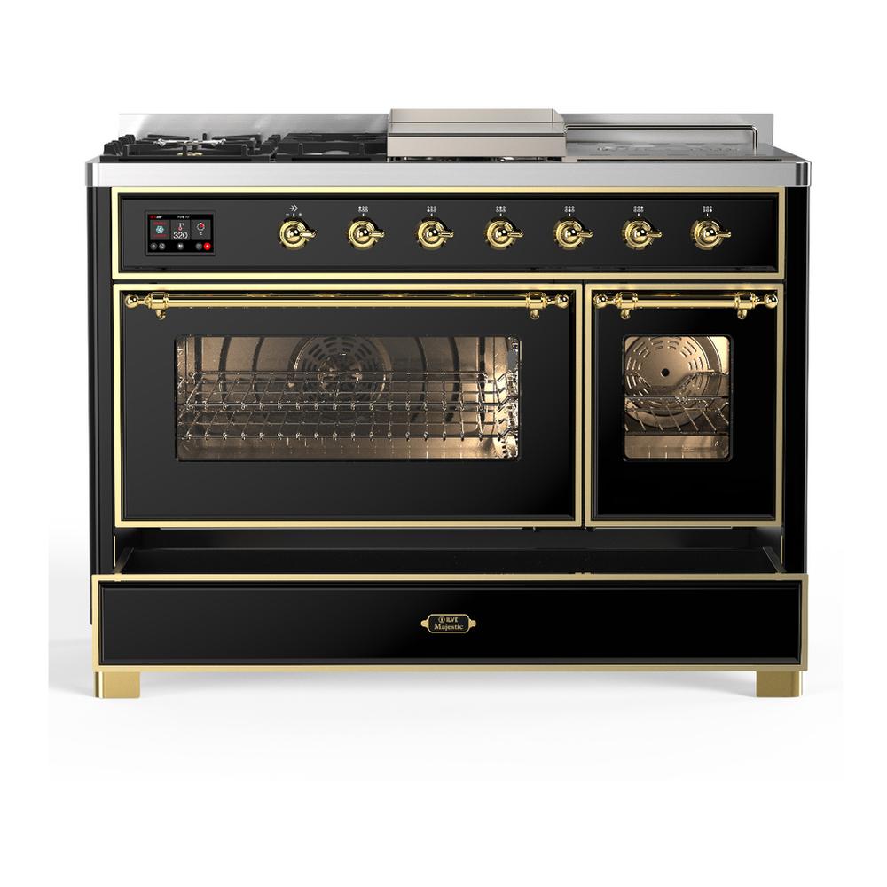 Ilve UM48FSNR3BKG Ilve Um48Fsnr3Bkg Majestic Iii 48 Inch Dual Fuel Range With 5 Black Brass Burners, Griddle And French Top, Dual Function Burner Up To 25,000 Btu (Natural Gas, Triple Glass Door, Glossy Black, Brass)