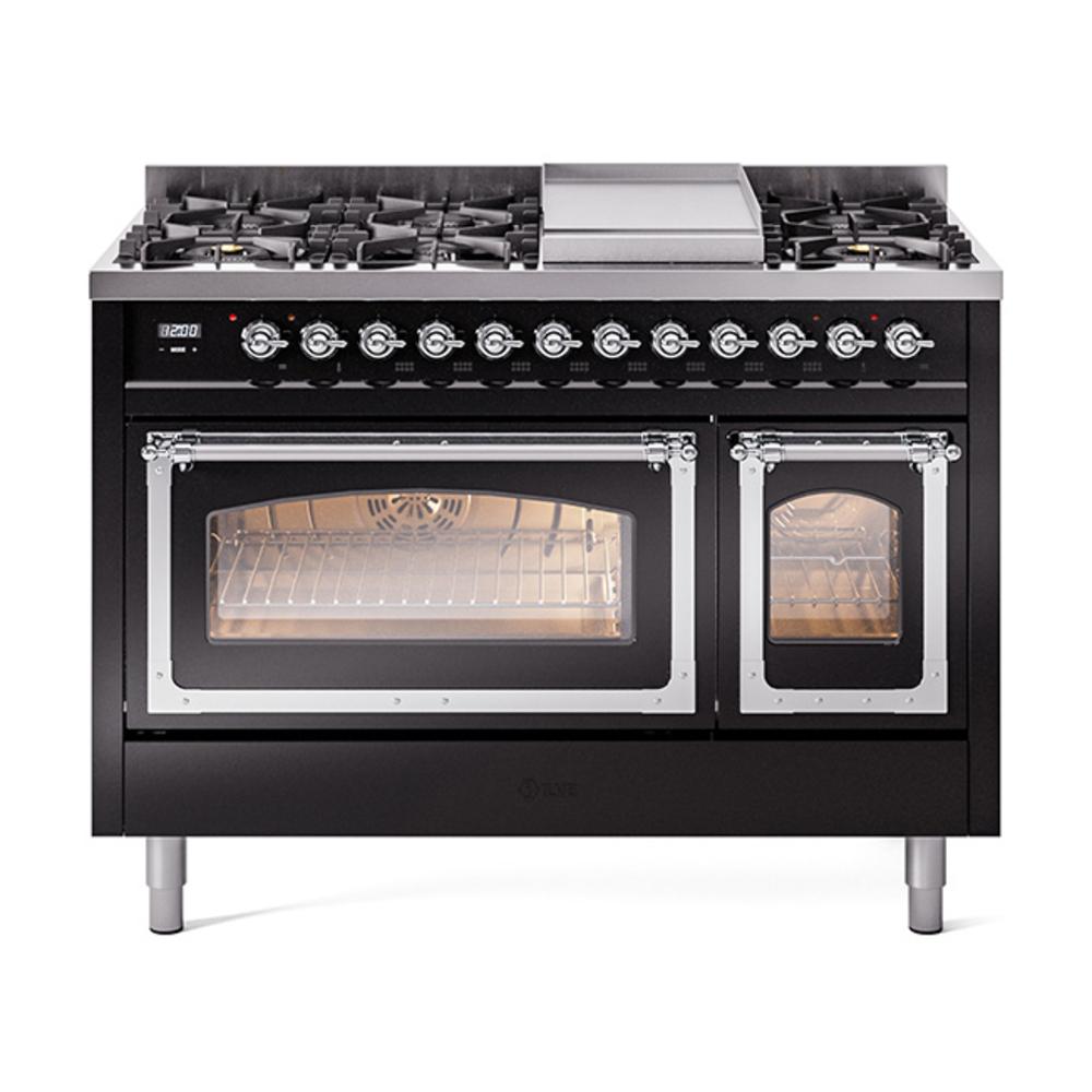 Ilve UN48FNMPBKC Ilve Un48Fnmpbkc Nostalgie Ii Noblesse 48" Dual Fuel Range (8 Sealed Burners + Griddle, Natural Gas, Triple Glass Door, Glossy Black, Chrome)