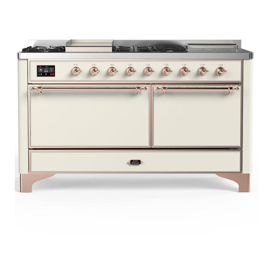 Ilve UM60FSQNR3AWPLP Ilve Um60Fsqnr3Awplp Majestic Iii 60 Inch Dual Fuel Range With 7 Burners, Griddle And French Top, Dual Function Burner With Up To 25,000 Btu (Liquid Propane, Solid Door, Antique White, Copper)