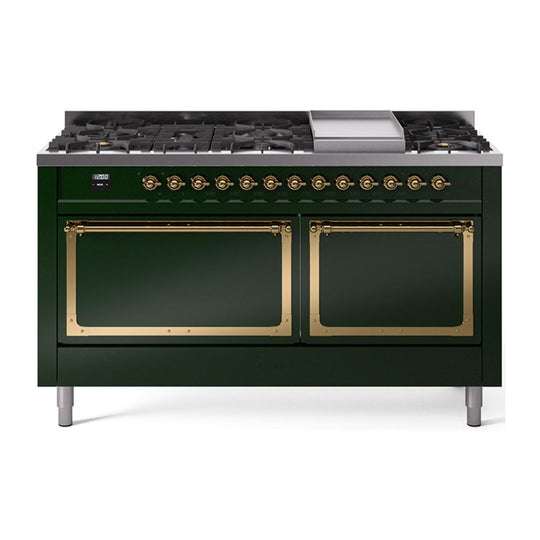 Ilve UN60FQNMPEGG Ilve Un60Fqnmpegg Nostalgie Ii Noblesse 60" Dual Fuel Range (9 Sealed Burners + Griddle, Natural Gas, Solid Door, Emerald Green, Brass)