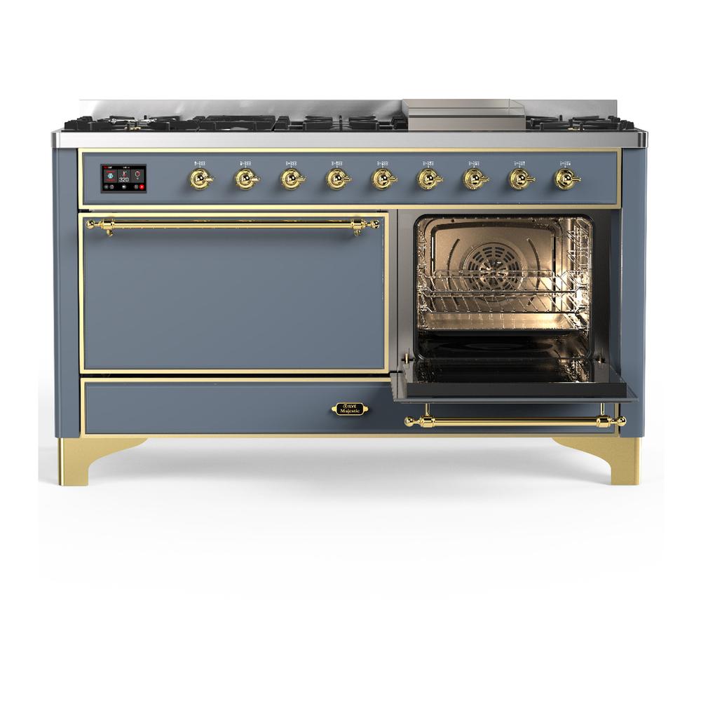 Ilve UM60FQNR3BGG Ilve Um60Fqnr3Bgg Majestic Iii 60 Inch Dual Fuel Range With 9 Burners And Griddle, Dual Function Burner Up To 25,000 Btu (Natural Gas, Solid Door, Blue Grey, Brass)