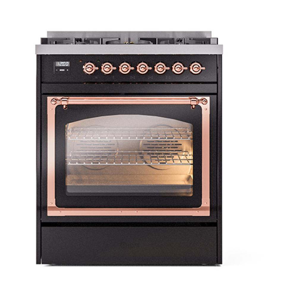 Ilve UN30NMPBKPLP Ilve Un30Nmpbkplp Nostalgie Ii Noblesse 30" Dual Fuel Range (Liquid Propane, Triple Glass Door, Glossy Black, Copper)
