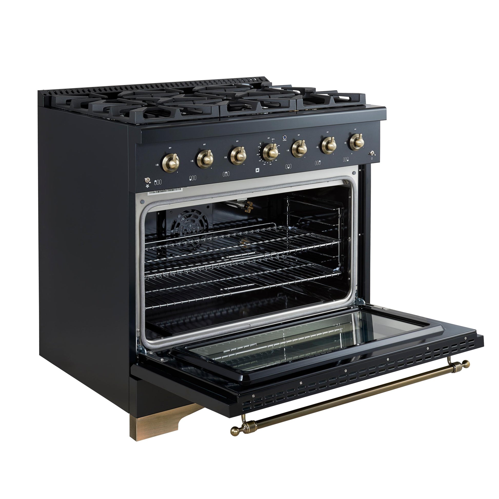 Forno FFSGS621936BLK Forno Antico 36-Inch Freestanding Gas Range, Black, Antique Brass Design, 6 Burners, Convection Oven, Energy Efficient
