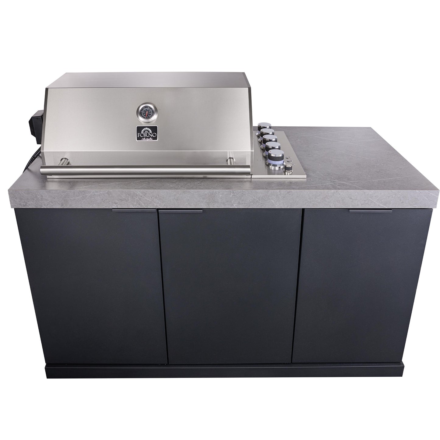 Forno FODKT2544BLK Forno Rimini Outdoor Kitchen 30" Bbq 62,600 Btu, 3 Burners With Sear & Rotisserie, 2.4 Cu.Ft. Beverage Center, Stainless Steel Sink, Black Cabinets & Gray Sintered Stone Countertop