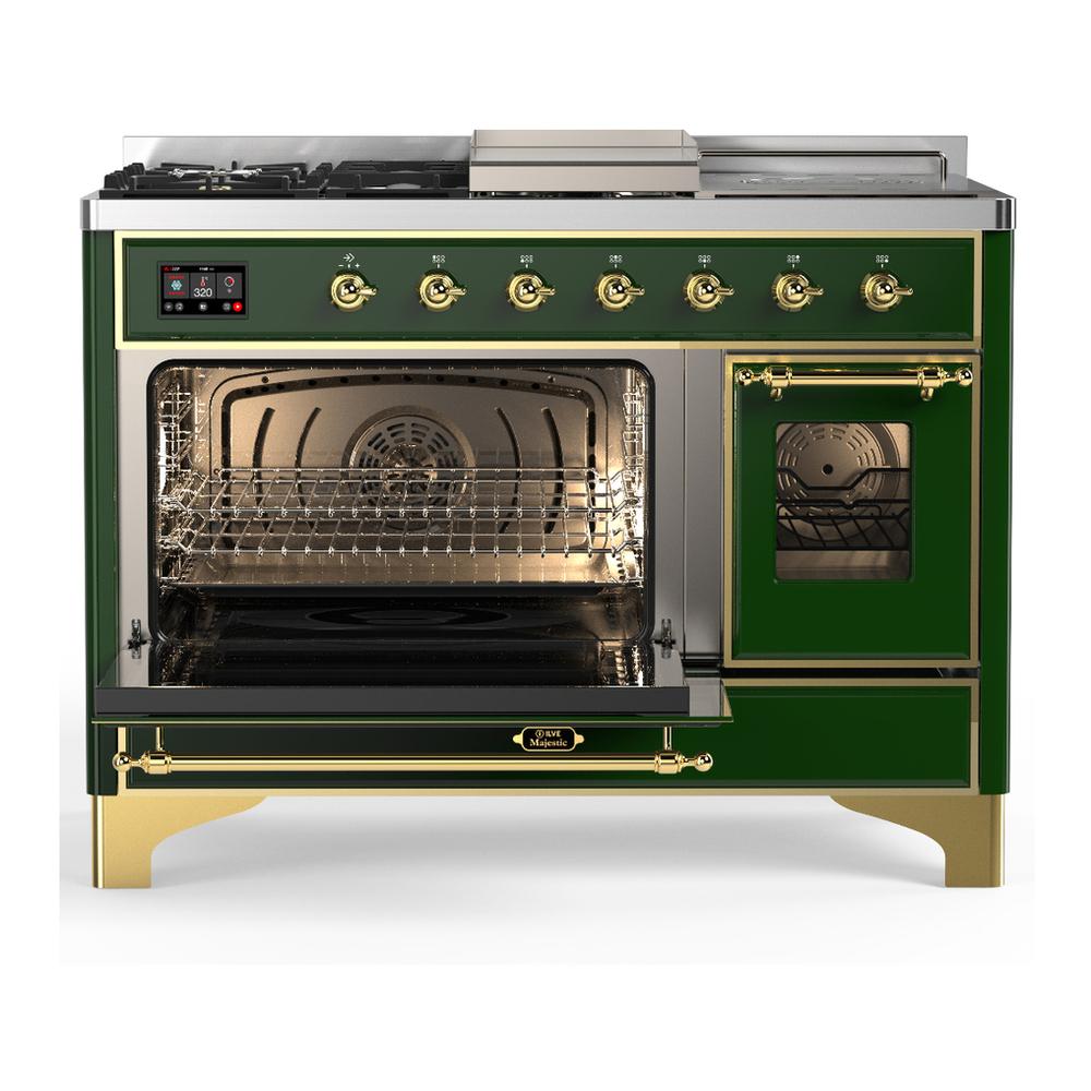 Ilve UM48FSNR3EGG Ilve Um48Fsnr3Egg Majestic Iii 48 Inch Dual Fuel Range With 5 Black Brass Burners, Griddle And French Top, Dual Function Burner Up To 25,000 Btu (Natural Gas, Triple Glass Door, Emerald Green, Brass)