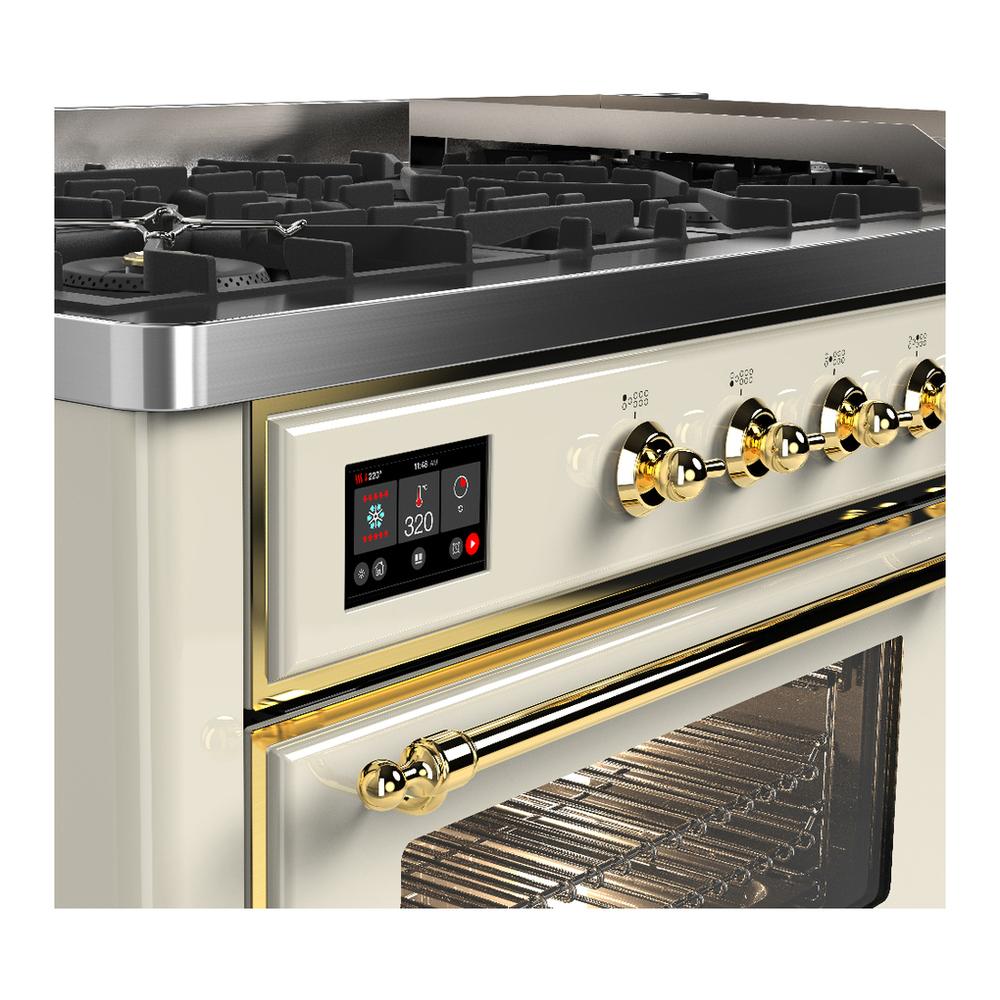 Ilve UM60FNR3AWGLP Ilve Um60Fnr3Awglp Majestic Iii 60 Inch Dual Fuel Range With 9 Burners And Griddle, Dual Function Burner Up To 25,000 Btu (Liquid Propane, Triple Glass Door, Antique White, Brass)