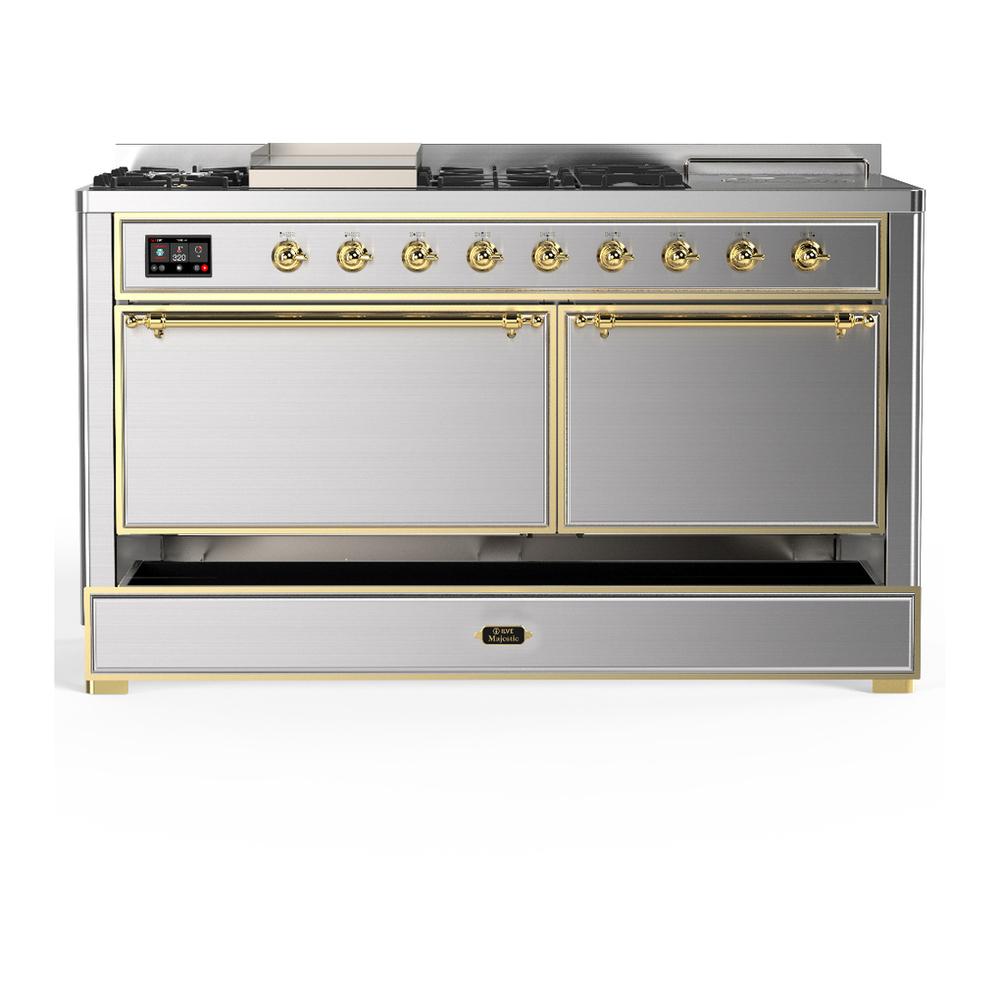 Ilve UM60FSQNR3SSG Ilve Um60Fsqnr3Ssg Majestic Iii 60 Inch Dual Fuel Range With 7 Burners, Griddle And French Top, Dual Function Burner With Up To 25,000 Btu (Natural Gas, Solid Door, Stainless Steel, Brass)
