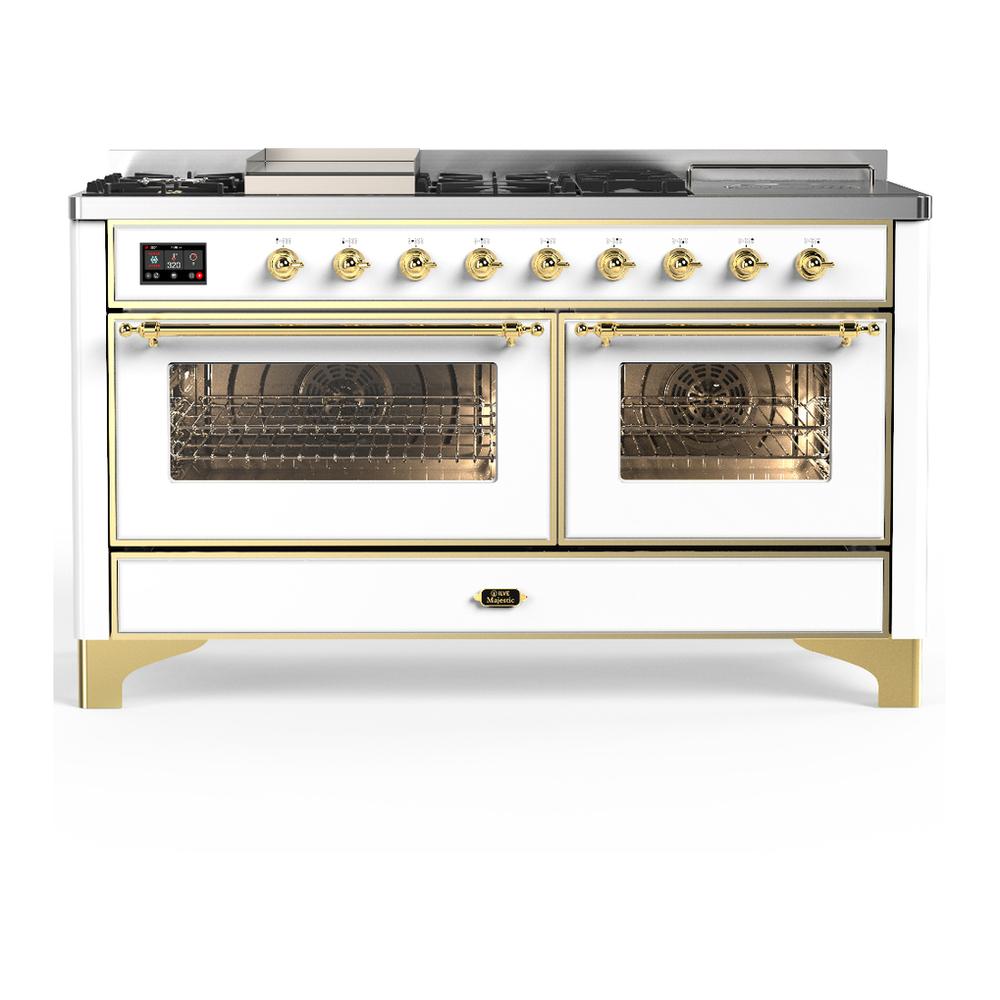 Ilve UM60FSNR3WHG Ilve Um60Fsnr3Whg Majestic Iii 60 Inch Dual Fuel Range With 7 Burners, Griddle And French Top, Dual Function Burner With Up To 25,000 Btu (Natural Gas, Triple Glass Door, White, Brass)