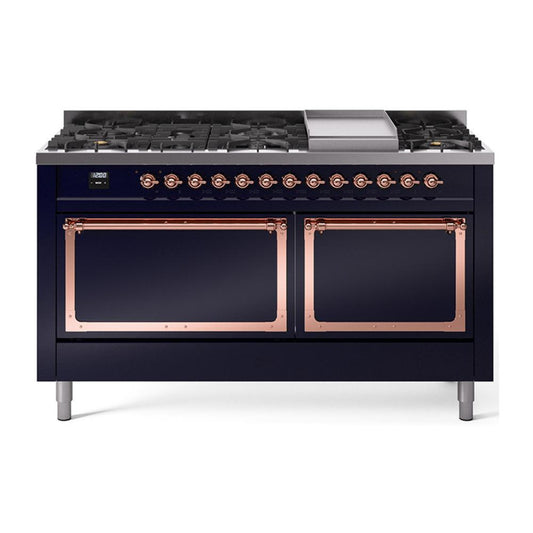 Ilve UN60FQNMPMBPLP Ilve Un60Fqnmpmbplp Nostalgie Ii Noblesse 60" Dual Fuel Range (9 Sealed Burners + Griddle, Liquid Propane, Solid Door, Midnight Blue, Copper)