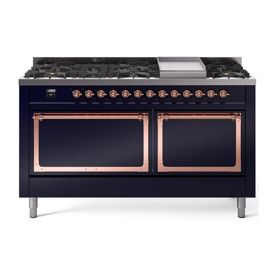 Ilve UN60FQNMPMBPLP Ilve Un60Fqnmpmbplp Nostalgie Ii Noblesse 60" Dual Fuel Range (9 Sealed Burners + Griddle, Liquid Propane, Solid Door, Midnight Blue, Copper)