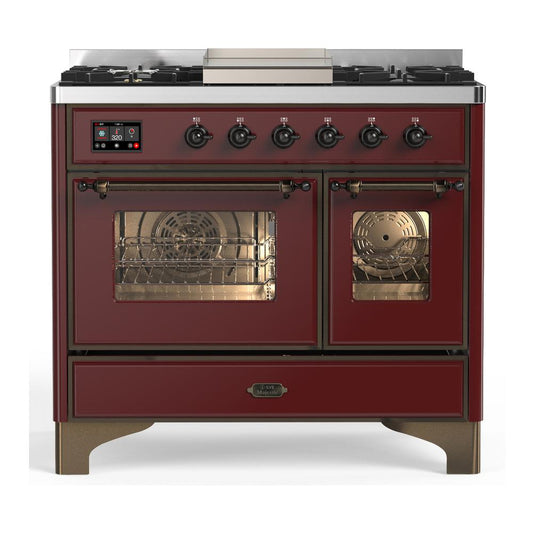 Ilve UMD40FNR3BUB Ilve Umd40Fnr3Bub Majestic Iii 40 Inch Dual Fuel Range With 6 Burners And Griddle, Dual Function Burner Up To 25,000 Btu (Natural Gas, Triple Glass Door, Burgundy, Burnished)