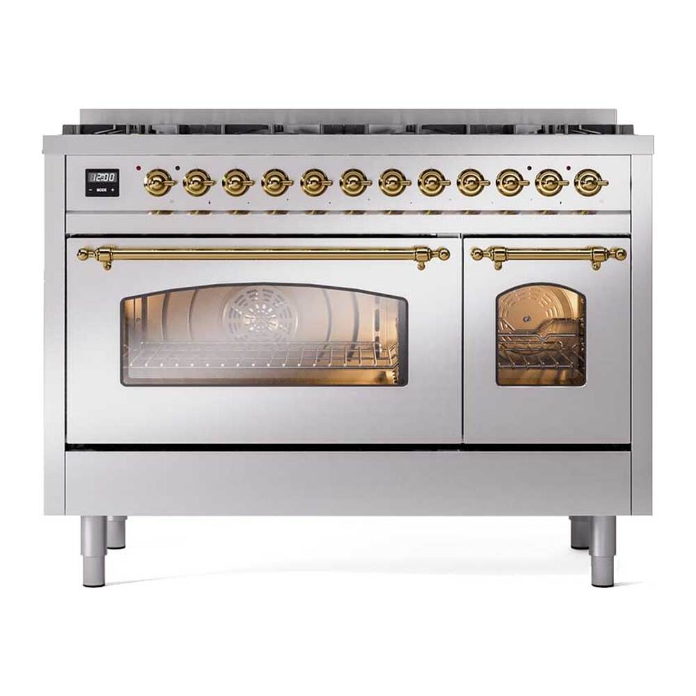 Ilve UP488NMPSSGLP Ilve Up488Nmpssglp Nostalgie Ii 48 Inch Dual Fuel Range With 8 Total Black Brass Sealed Burners, Brass Trim (Limited Edition) (Liquid Propane, Stainless Steel)