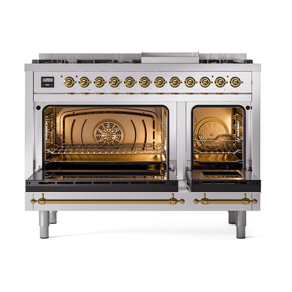 Ilve UN48FNMPSSGLP Ilve Un48Fnmpssglp Nostalgie Ii Noblesse 48" Dual Fuel Range (8 Sealed Burners + Griddle, Liquid Propane, Triple Glass Door, Stainless Steel, Brass)