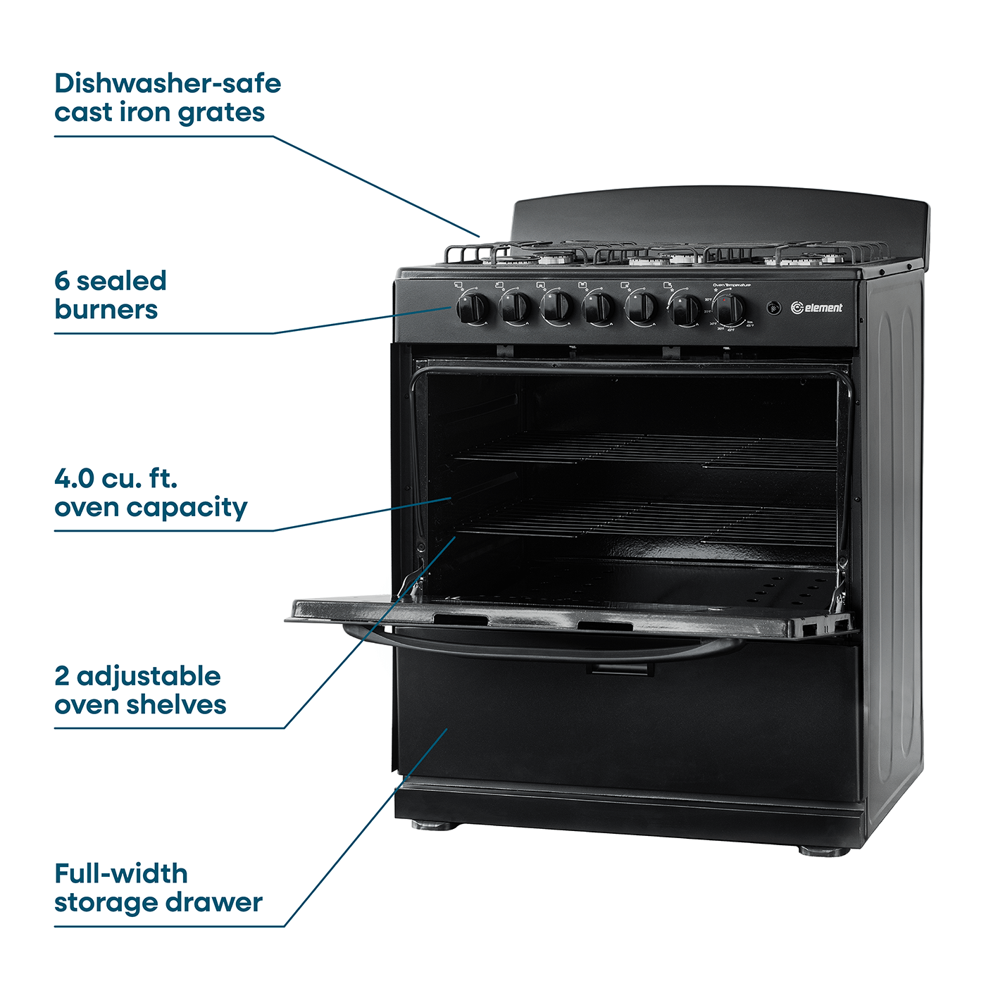 Element Appliance EEGR3A6MCCB Element Electronics 4.0 Cu. Ft. 30", 6-Burner Gas Range (Eegr3A6Mccb)