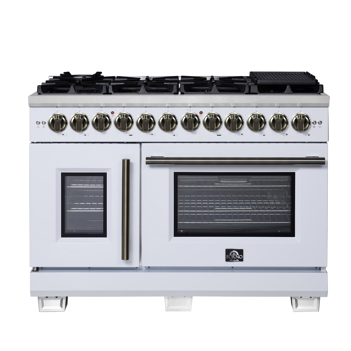 Forno FFSGS638748WHT Forno Capriasca 48 Inch Freestanding French Door Dual Fuel Range In White With Antique Brass Accessories, 8 Burners, True Convection Oven
