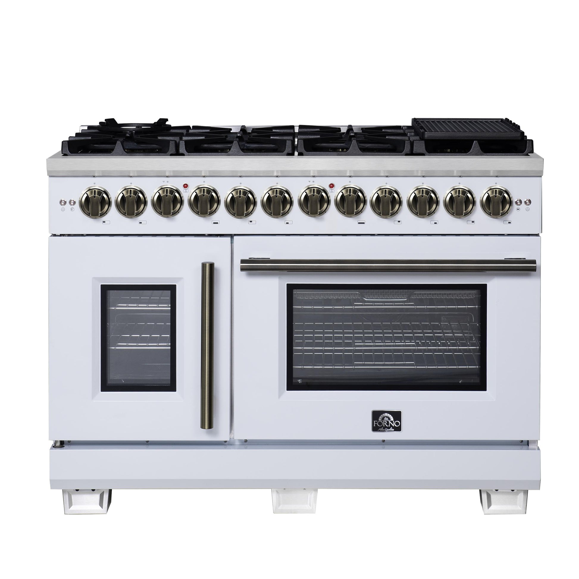 Forno FFSGS638748WHT Forno Capriasca 48 Inch Freestanding French Door Dual Fuel Range In White With Antique Brass Accessories, 8 Burners, True Convection Oven