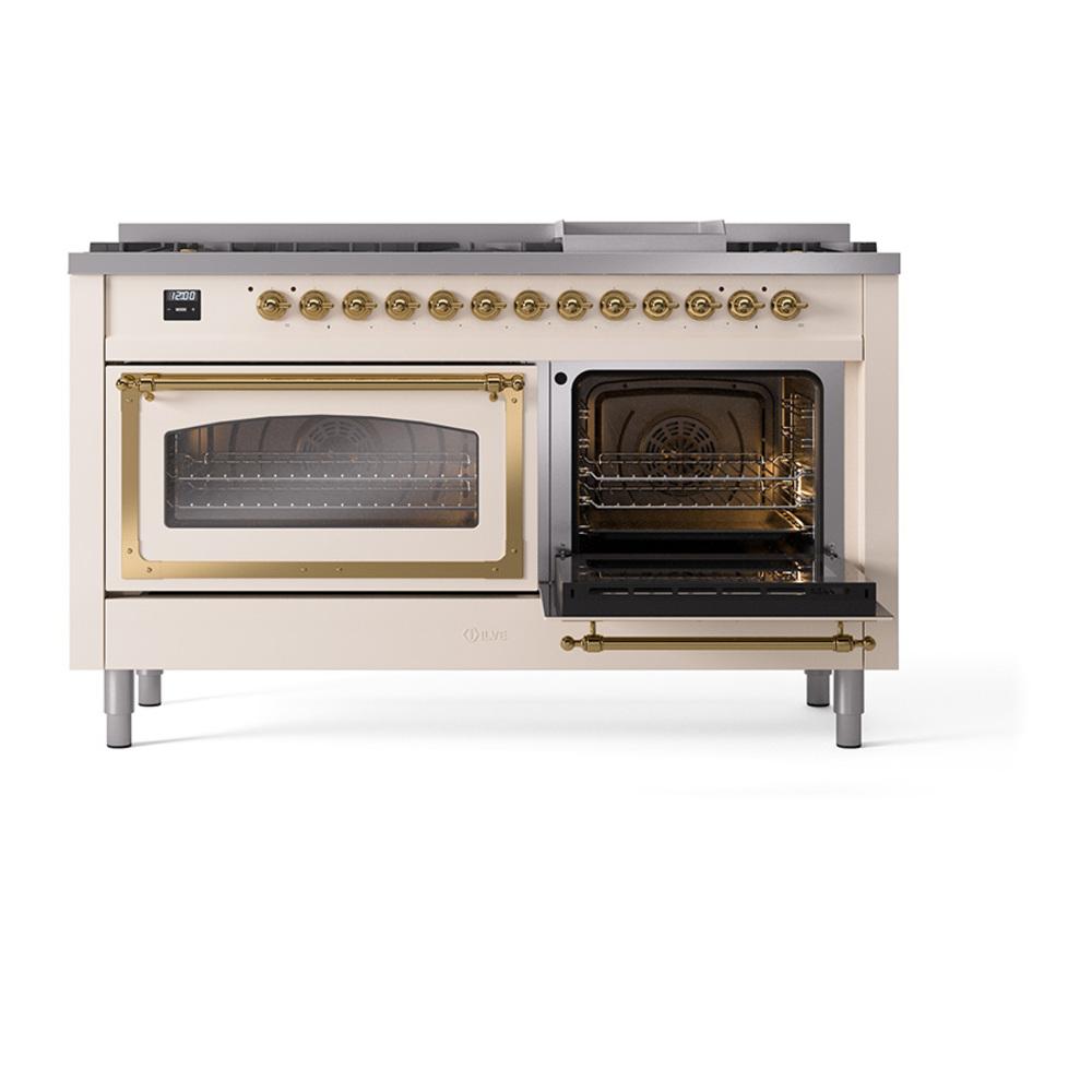 Ilve UN60FNMPAWG Ilve Un60Fnmpawg Nostalgie Ii Noblesse 60" Dual Fuel Range (9 Sealed Burners + Griddle, Natural Gas, Triple Glass Door, Antique White, Brass)