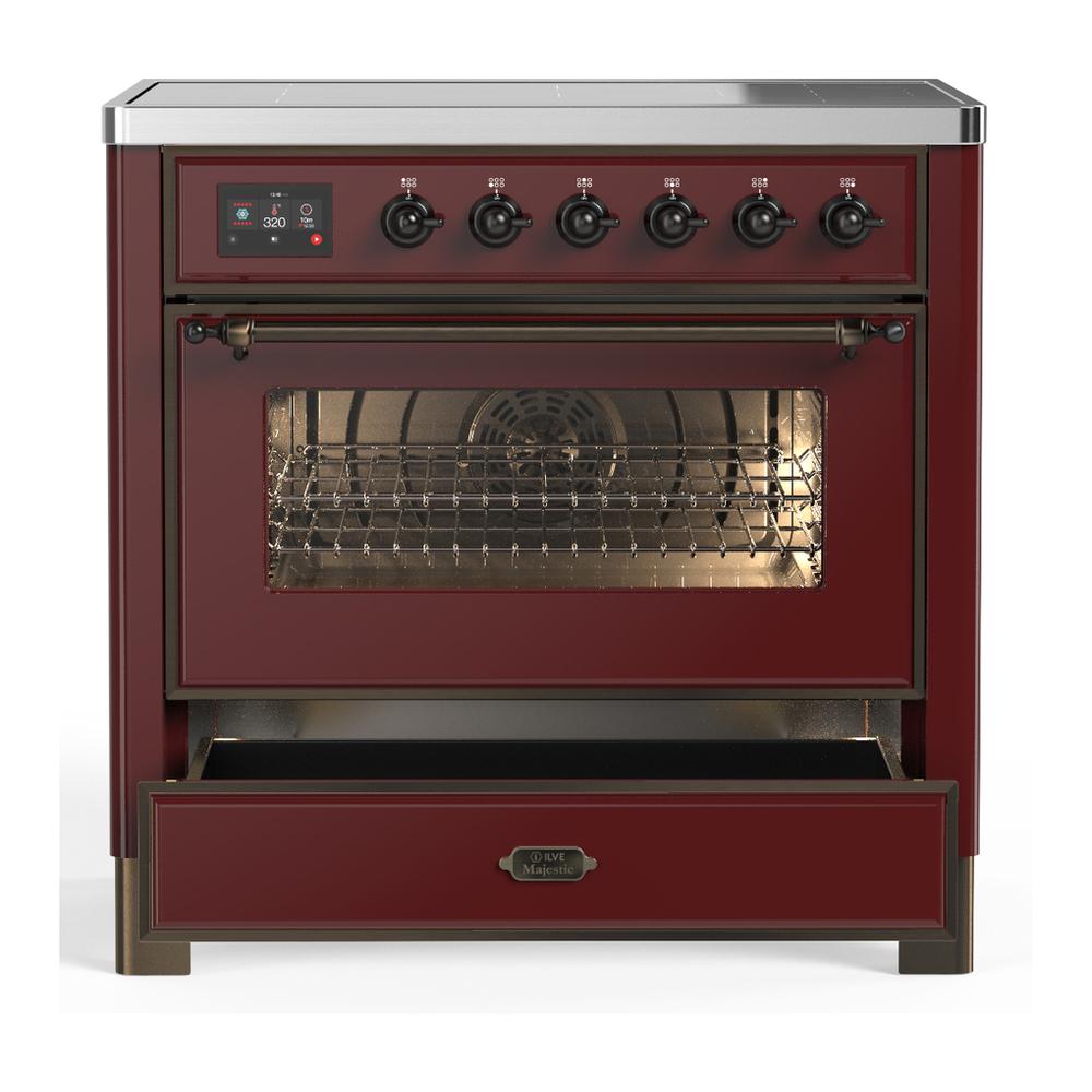 Ilve UMIB36NR3BUB Ilve Umib36Nr3Bub Majestic Iii 36 Inch Induction Range With 6 Elements, 3.5 Cu. Ft. Total Oven Capacity (Triple Glass Door, Burgundy, Burnished)