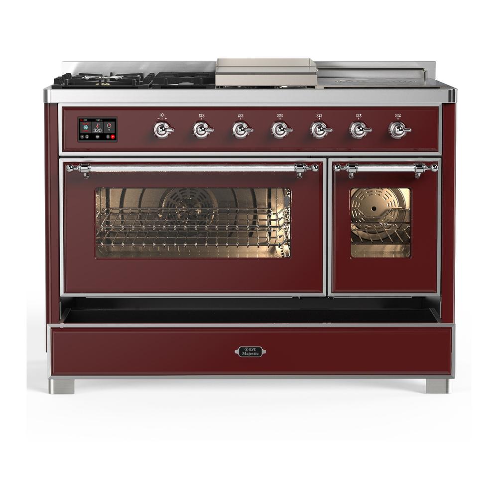 Ilve UM48FSNR3BUC Ilve Um48Fsnr3Buc Majestic Iii 48 Inch Dual Fuel Range With 5 Black Brass Burners, Griddle And French Top, Dual Function Burner Up To 25,000 Btu (Natural Gas, Triple Glass Door, Burgundy, Chrome)