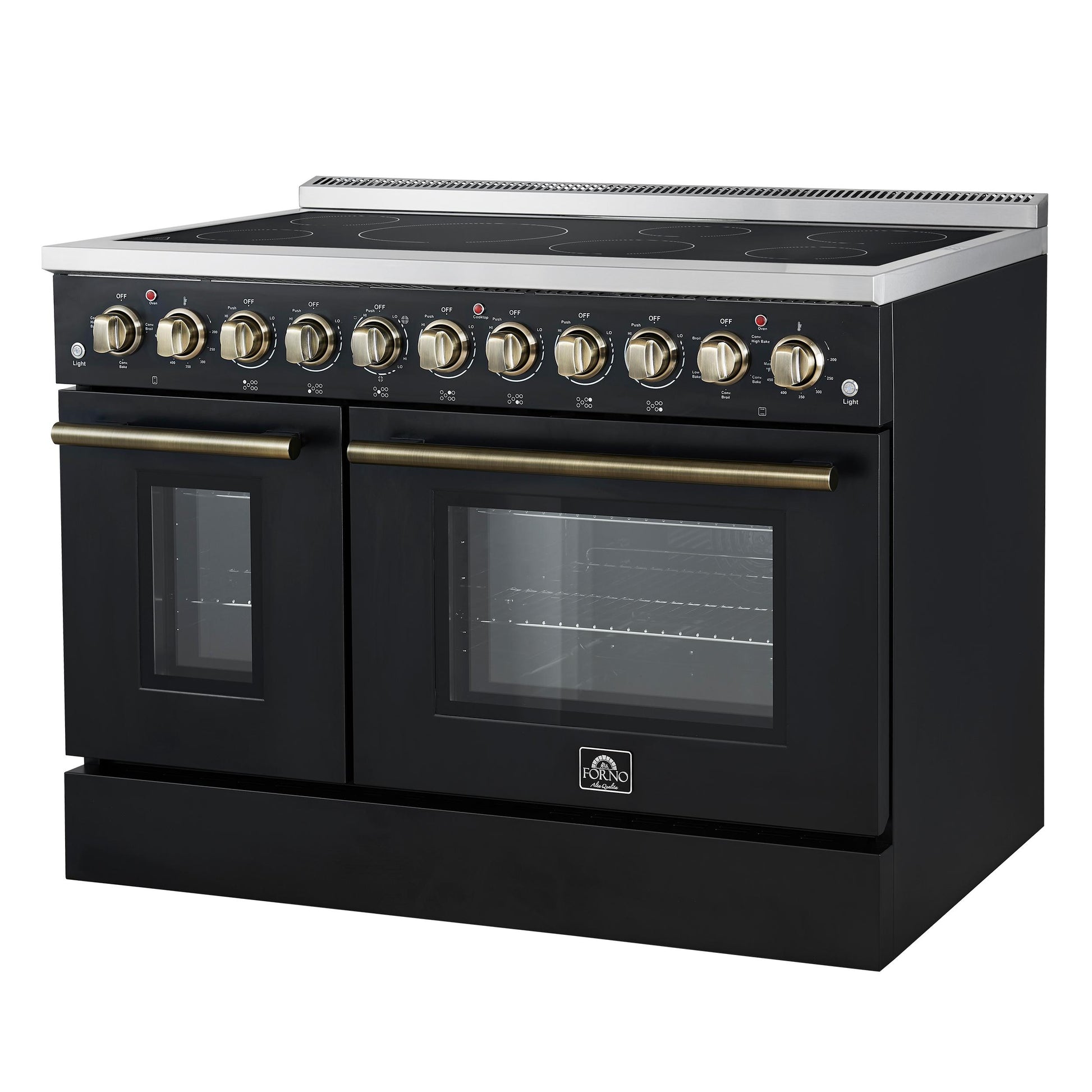 Forno FFSEL601148BLK Forno Paolo 48 Inch Freestanding Electric Range In Black With Antique Brass, 6.7 Cu.Ft, True Convection Oven, Energy Efficient