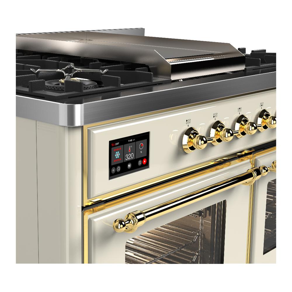 Ilve UMD40FNR3AWGLP Ilve Umd40Fnr3Awglp Majestic Iii 40 Inch Dual Fuel Range With 6 Burners And Griddle, Dual Function Burner Up To 25,000 Btu (Liquid Propane, Triple Glass Door, Antique White, Brass)