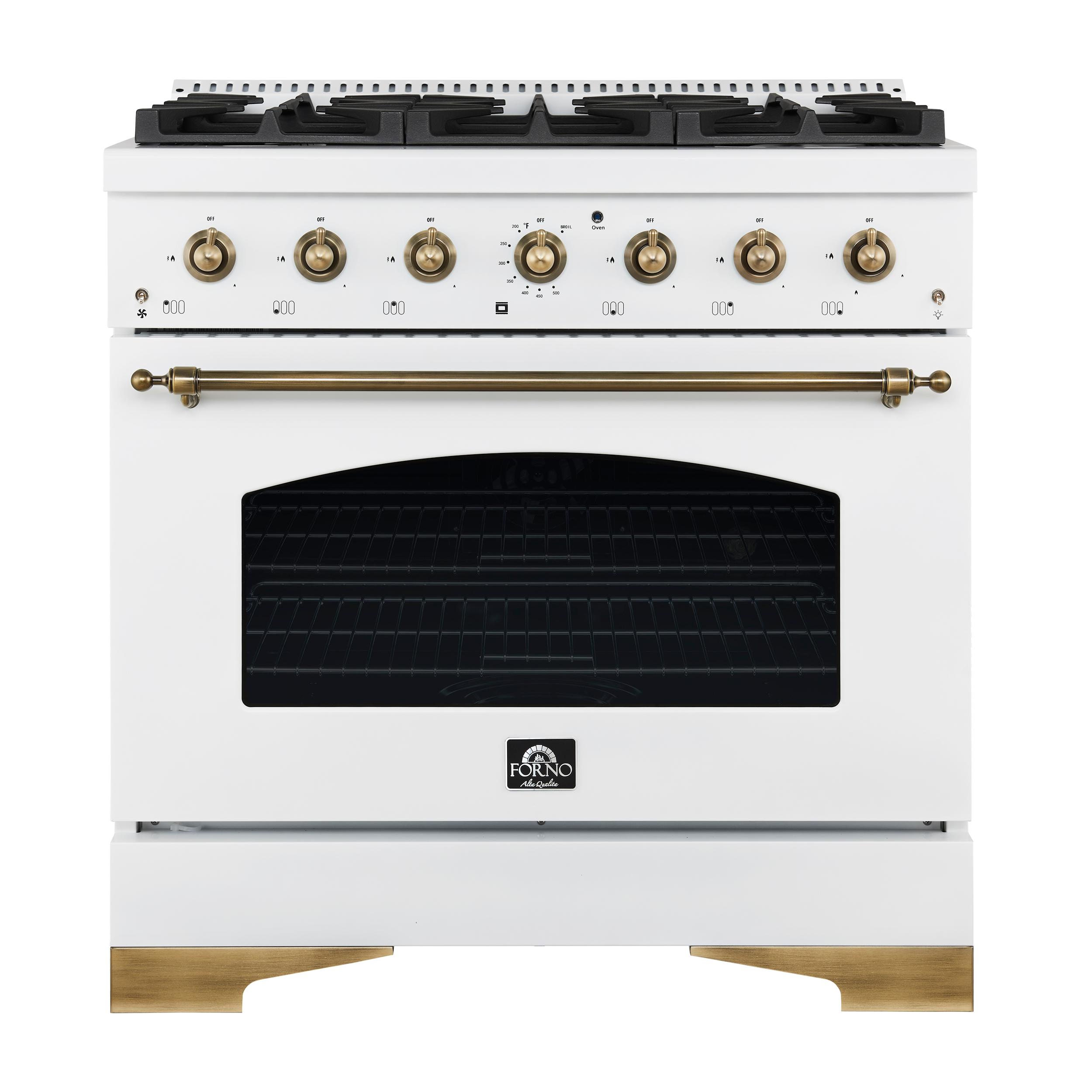 Forno FFSGS611336WHT Forno Antico 36-Inch Dual Fuel Range White And Antique Brass Design With 6 Sealed Gas Burners And Electric Convection Oven