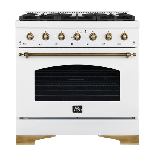 Forno FFSGS611336WHT Forno Antico 36-Inch Dual Fuel Range White And Antique Brass Design With 6 Sealed Gas Burners And Electric Convection Oven