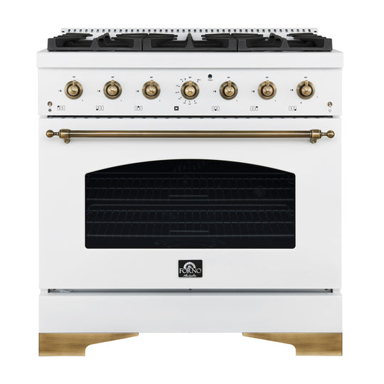 Forno FFSGS611336WHT Forno Antico 36-Inch Dual Fuel Range White And Antique Brass Design With 6 Sealed Gas Burners And Electric Convection Oven