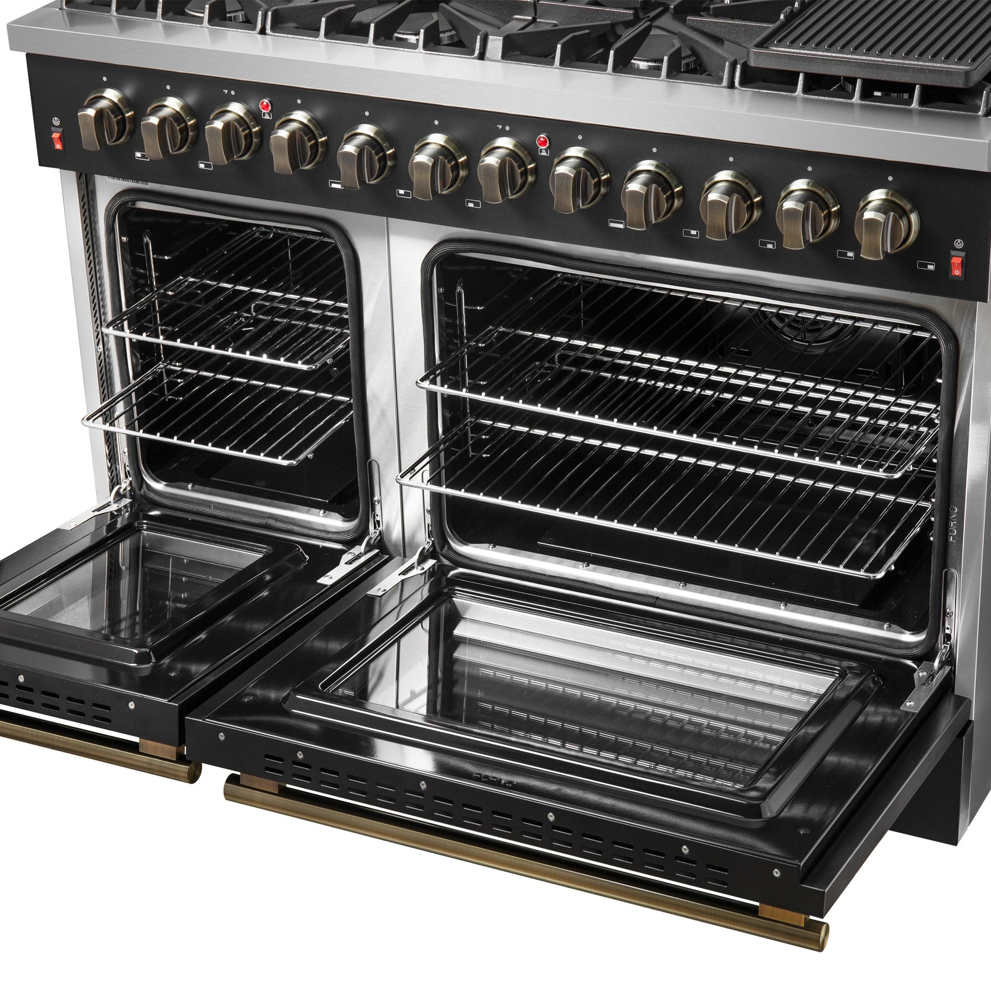 Forno FFSGS615648BLK Galiano 48-Inch Dual Fuel Range Black & Antique Brass Design With 8 Sealed Burners 107,000 Btu, 6.58 Cu. Ft. Double Ovens & Griddle