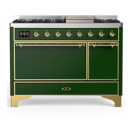 Ilve UM48FQNR3EGG Ilve Um48Fqnr3Egg Majestic Iii 48 Inch Dual Fuel Range With 8 Burners And Griddle, Dual Function Burner Up To 25,000 Btu (Natural Gas, Solid Door, Emerald Green, Brass)